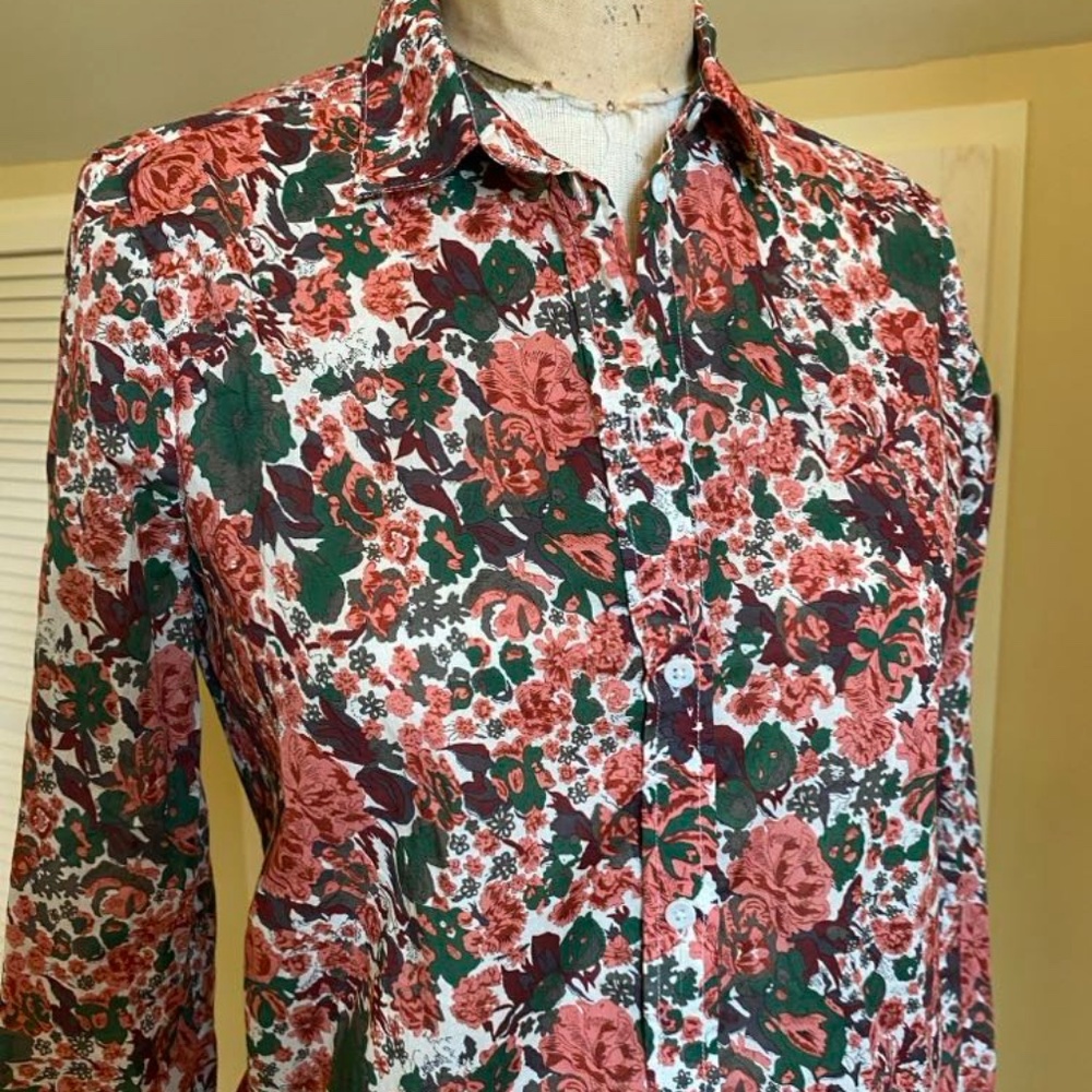 Sezane Jaipur Pink Green Floral Pierro Button Down Shirt sz 34 US 2
